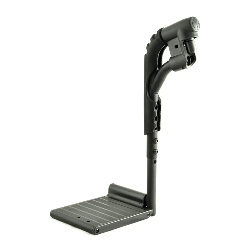 70 Degree Swing-Away Leg Rest Assembly for Jazzy, Jet, and Quantum Power Chairs (Set of 2), featuring a black metal stand with a handle, designed for comfortable knee support.