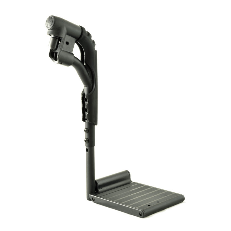 70 Degree Swing-Away Leg Rest Assembly (Left and Right) for Jazzy, Jet, and Quantum Power Chairs (Set of 2) featuring a black metal stand with a black handle for comfortable leg positioning.