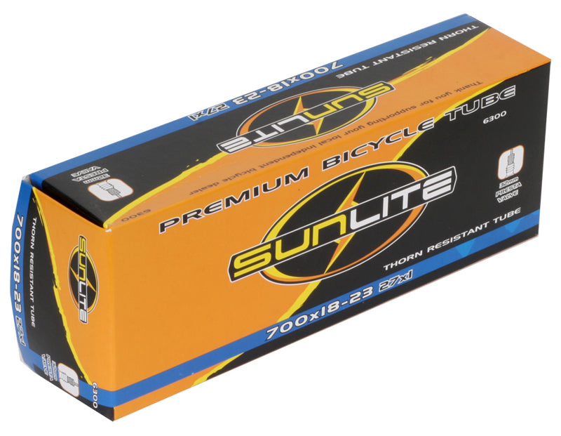 700x18-23 Heavy Duty Thorn Resistant Bicycle Inner Tube with 32mm Presta Valve in a labeled Sunlite box, showcasing packaging and logo.