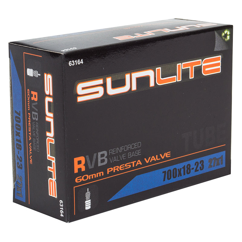 700x18-23 Bicycle Inner Tube with 60mm Presta Valve from Sunlite, displayed in a black box with orange and blue text, ideal for replacing old bike inner tubes.