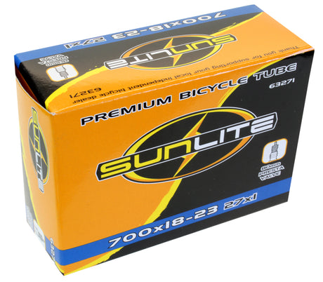 A box labeled 700x18-23 Bicycle Inner Tube with 80mm Presta Valve from Sunlite, showing the packaging for replacement bike inner tubes.