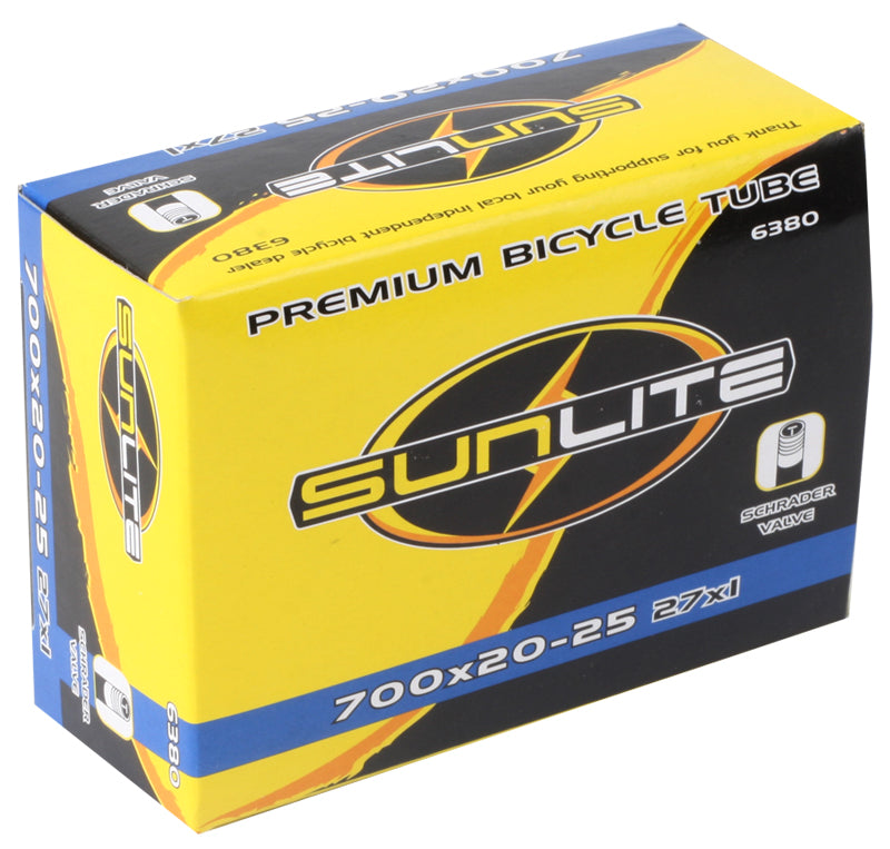 700x20-25 Bicycle Inner Tube with Straight Valve from Sunlite, packaged in a box featuring a yellow and black logo, ideal for replacing old bike inner tubes.