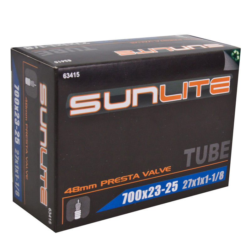 700x23-25 Bicycle Inner Tube with 48mm Presta Valve from Sunlite in a black box with blue and white text, ideal for replacing old bike tubes and ensuring smooth rides.