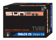 Close-up of a 700x23-25 Bicycle Inner Tube with 80mm Presta Valve from Sunlite, packaged in a black box with orange and white text.