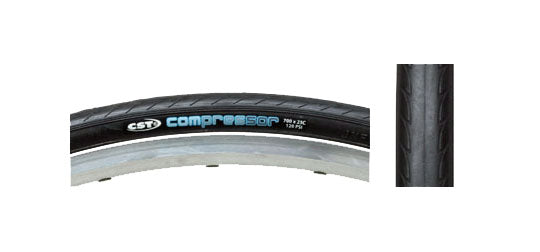 Close-up view of the 700x23 Black Belted Compressor CST1390 Bicycle Tire from Sunlite, highlighting the detailed tread pattern and robust build designed for durability and performance.