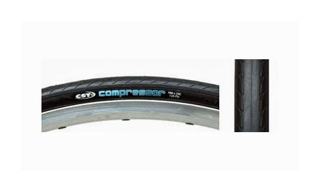 Close-up of the 700x23 Black Non-Belted Compressor CST1390 Bicycle Tire, highlighting its tread pattern and texture, ideal for replacing old bike tires.