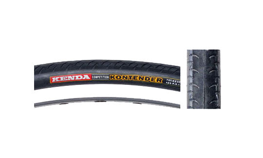 Close-up of the 700x23 Black Road Kontender Bicycle Tire by Sunlite, showcasing detailed tread patterns and high-quality rubber finish.