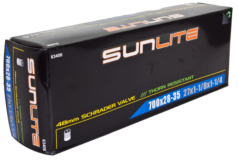 700x28-35 Heavy Duty Thorn Resistant Bicycle Inner Tube with Straight Valve from Sunlite, displayed as a black box with white text, highlighting its durability and reliability for bike enthusiasts.