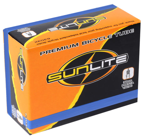 Box of 700x28-35 Bicycle Inner Tubes with 32mm Presta Valve by Sunlite, featuring a clear logo on the packaging.