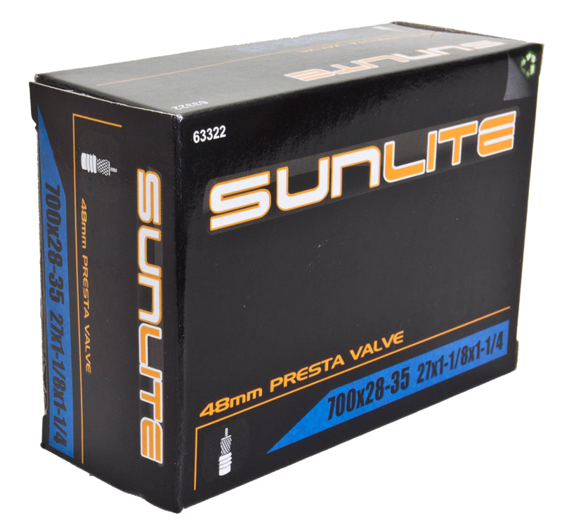 700x28-35 Bicycle Inner Tube with 48mm Presta Valve packaged in a black box featuring orange and white text from Sunlite, ideal for replacing old bike inner tubes.