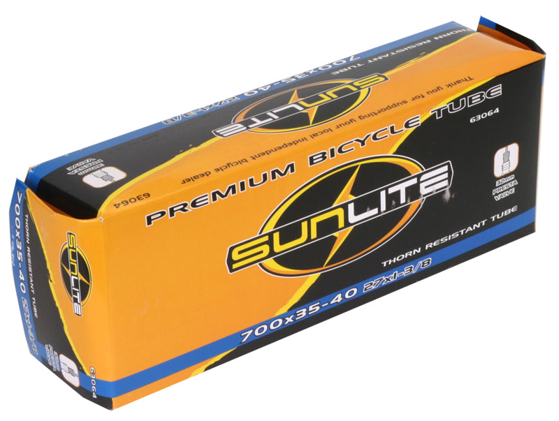 A box labeled 700x35-40 Heavy Duty Thorn Resistant Bicycle Inner Tube with 32mm Presta Valve featuring Sunlite branding, showcasing durable packaging designed for replacement bike inner tubes.