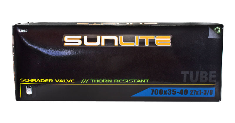 700x35-40 (27x1-3/8) Heavy Duty Thorn Resistant Bicycle Inner Tube with Straight Schrader Valve, packaged in a black box with white, yellow, and blue text.