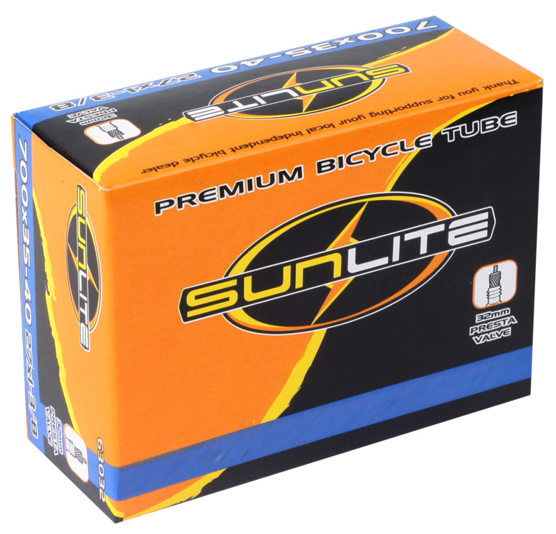 Box containing 700x35-40 Bicycle Inner Tube with 48mm Presta Valve from Sunlite, featuring clear labeling and packaging for easy identification.