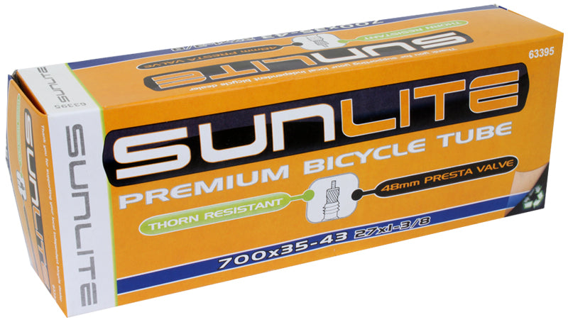 Box of 700x35-43 Heavy Duty Thorn Resistant Bicycle Inner Tube with 48mm Presta Valve from Sunlite, showcasing the packaging and labeling of the bike inner tube.