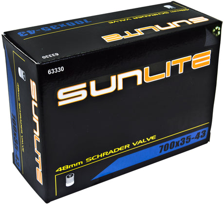 700x35-43 Bicycle Inner Tube with Straight Valve from Sunlite in black packaging with white, yellow, and blue text.