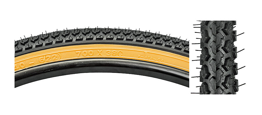 700x38 Black/Gum Hybrid Knobby Bicycle Tire from Sunlite, featuring a distinctive yellow stripe and a close-up view of its tread pattern. Ideal for replacing worn-out tires and enhancing bike performance.