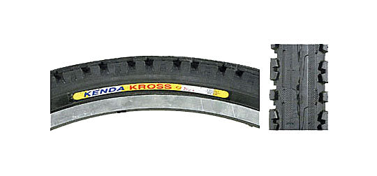 Close-up of the 700x38 Black Hybrid Kross Plus Bicycle Tire from Sunlite, showcasing its tread design and robust construction.