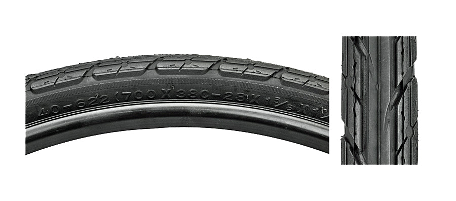 700x38 Black Hybrid Eurotour Bicycle Tire with K198 tread shown in close-up, highlighting its raised center and directional lateral design for urban and rural riding.