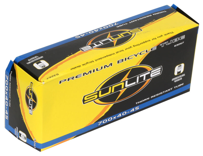 700x40-45 Heavy Duty Thorn Resistant Bicycle Inner Tube with Straight Schrader Valve displayed in a yellow and black Sunlite box with blue text.