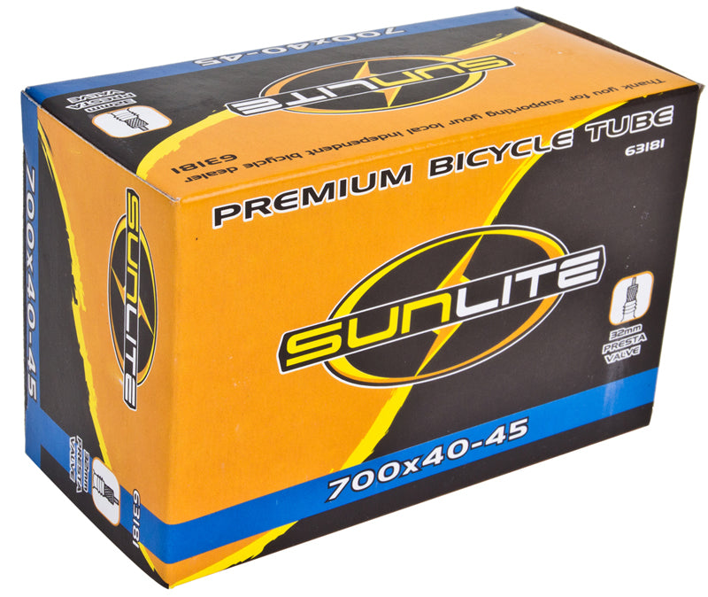 A box labeled 700x40-45 Bicycle Inner Tube with 32mm Presta Valve from Sunlite, designed for bike inner tube replacement.