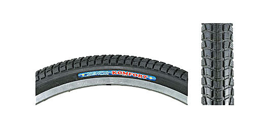 Close-up of the 700x40 Black Komfort Bicycle Tire from Sunlite, showcasing the tire tread and synthetic rubber material.