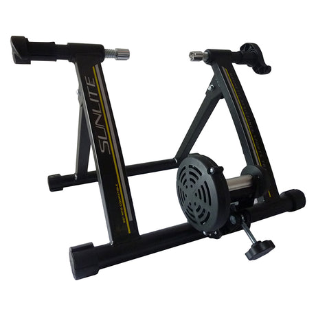 E-2 Mag Bicycle Resistance Trainer with a smooth magnetic resistance flywheel and heavy-duty steel frame, designed for indoor cycling on most bike types with easy setup and foldable storage.