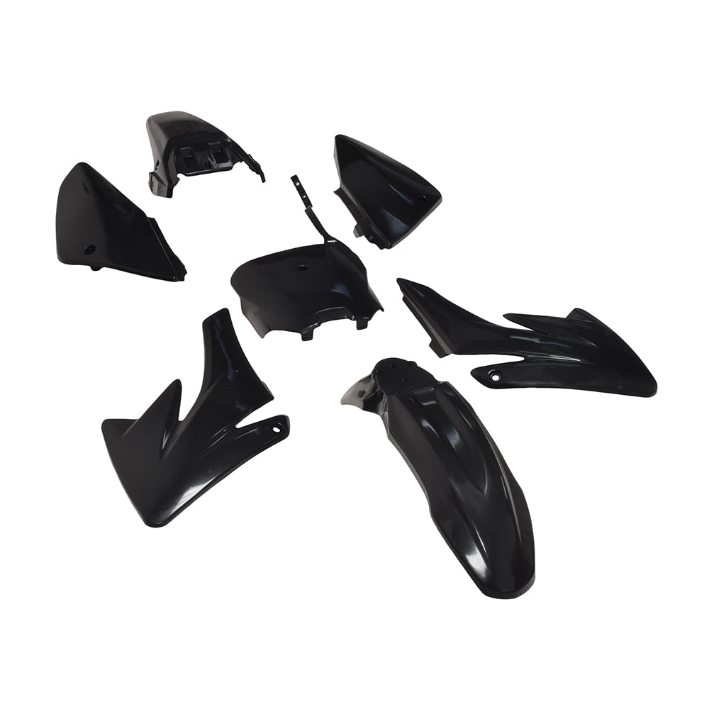 Honda CRF Style 70cc-150cc Dirt Bike Fender & Body Panel Set (Large), featuring black plastic front and rear fenders, fuel tank side covers, side panels, and a number plate.