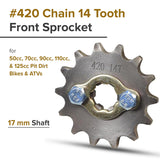 #420 Chain - 14 Tooth Front Sprocket for 50cc, 70cc, 90c, 110cc, & 125cc Pit Dirt Bikes & ATVs with 17 mm Shaft