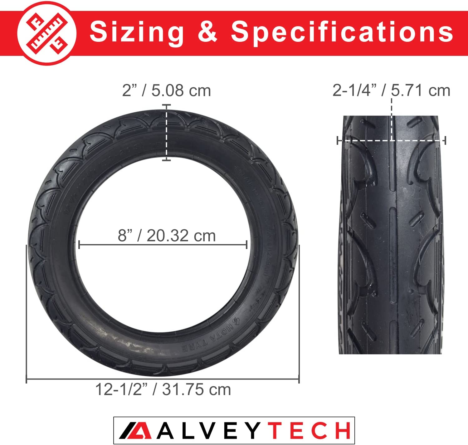 12-1/2x2-1/4 (57-203/62-203) Kick Scooter Tire with Q203 Tread, featuring a small tread pattern and radiating grooves for extra traction.