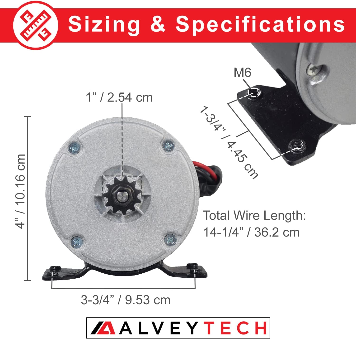 24 Volt 250 Watt MY1016 Electric Motor with 11 Tooth #25 Chain Sprocket (Blemished), showing a compact metal motor with a black wire and gear close-up.