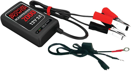 12 Volt 2.0 Amp Maintainer 2000 Battery Trickle Charger for Scooters, ATVs, & Dirt Bikes (UPG) with quick-disconnect alligator clips and ring connectors, shown close-up with cables and adapter.