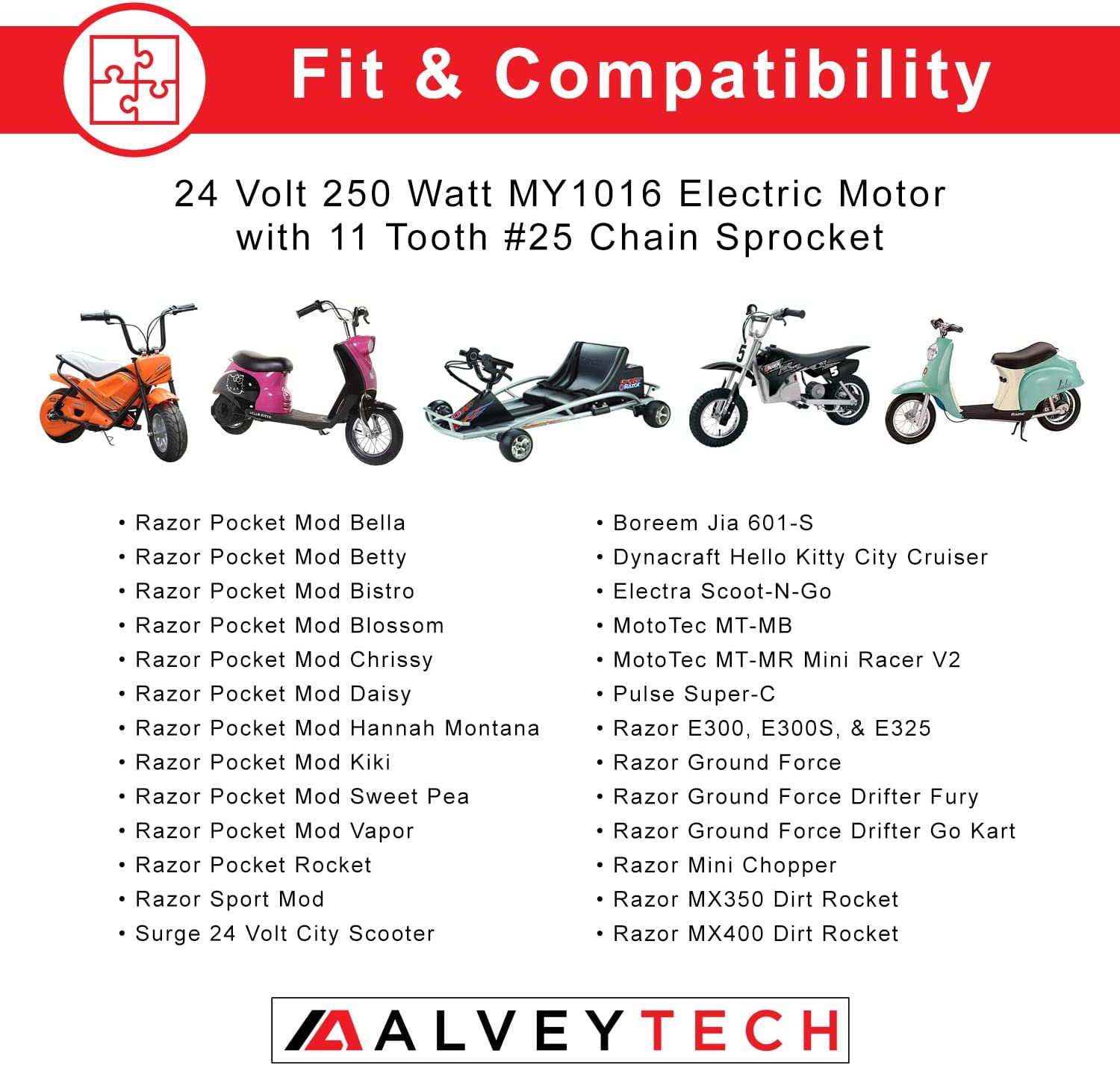 24 Volt 250 Watt MY1016 Electric Motor with 11 Tooth #25 Chain Sprocket (Blemished), shown among various scooters, highlighting its compatibility with Razor and Dynacraft models despite minor wire connector issue.