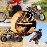 Collage featuring the 2.5-10 Tire & Tube Set for Baja, Honda, Minimoto, Motovox, & Razor Dirt Bikes, showcasing close-ups of the tire tread, wheels, and riders on dirt bikes in action.