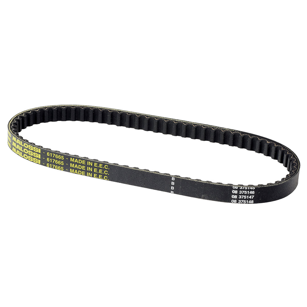 724-17.5-30 Malossi Aramid Scooter CVT Belt with visible yellow text, designed for pre-2000 Piaggio Sfera, Piaggio Zip, and Vespa ET2 50cc 2-stroke scooters.