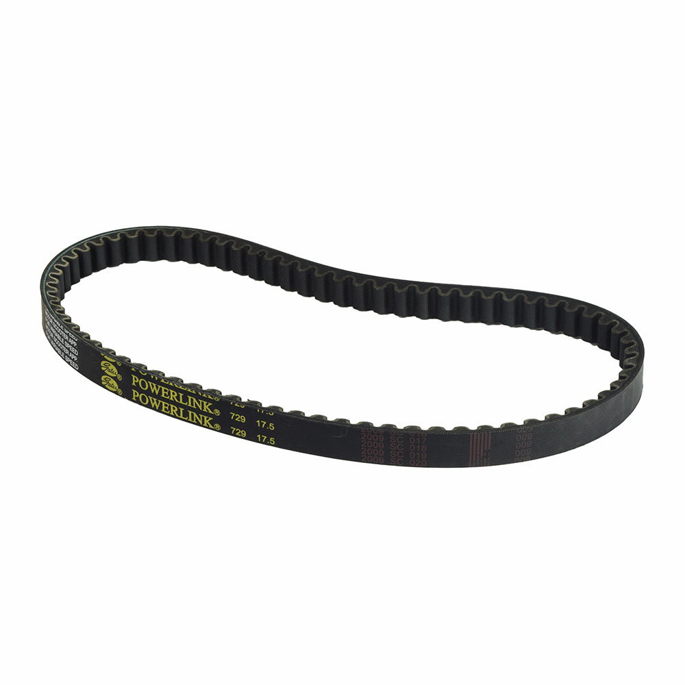 729-18-30 (729-17.5-30) Gates Powerlink Scooter CVT Belt featuring durable black material with yellow writing, designed for CVT street scooters, ATVs, dirt bikes, and go-karts.