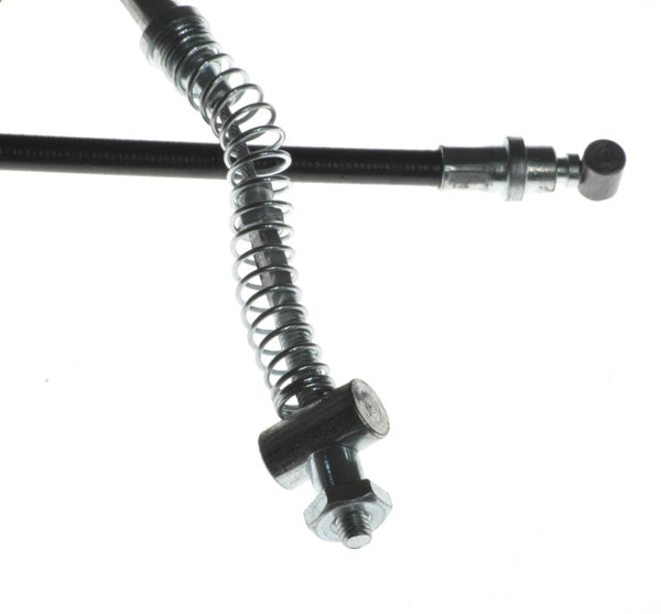 Close-up of a 72 Scooter Drum Brake Cable with a visible metal spring, designed for GY6 full-size scooters, featuring unique ends distinct from standard 49cc gas scooter cables.