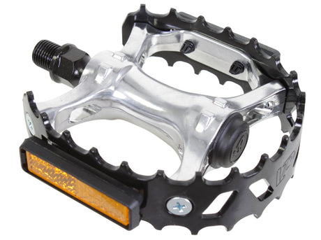 747 Bear Trap Pedals by Sunlite, shown in a close-up view, featuring a robust black and silver design, ideal for enhancing bicycles and scooters with durable, practical accessories.