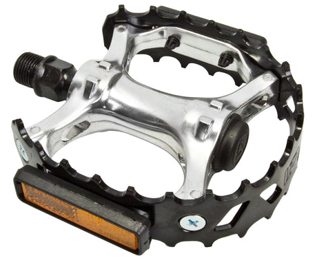 747 Bear Trap Pedals, black and silver with a rugged design, ideal for bikes and scooters.