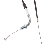 Close-up of a 74 throttle cable for scooters and ATVs. The image highlights the cable's metal components, including connectors and a metal rod, designed for compatibility with 2-stroke and some 4-stroke engines.