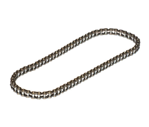 76 Link #25 Chain: A close-up view of a metal chain with 76 links arranged on a white background, suitable for various custom projects and specific motorized vehicle replacements.