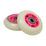 76 mm Scooter Wheels with Bearings (Set of 2) shown in close-up, highlighting their design and included bearings. Suitable for various scooters, including Razor and Micro models.