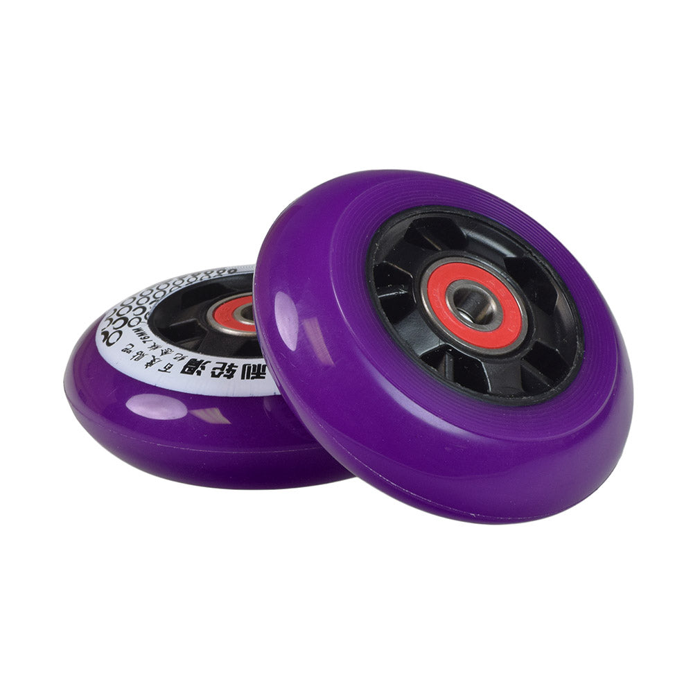 76 mm Scooter Wheels with Bearings (Set of 2) featuring close-up of a wheel with a black center, suitable for various kick scooters, RipStik models, and Micro Maxi/Mini scooters. Includes spacers and bearings.