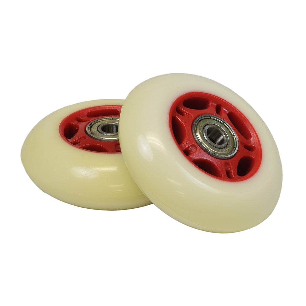 76 mm Scooter Wheels with Bearings (Set of 2) displayed in close-up, showcasing white and red wheels with visible metal bearings, suitable for various kick scooters and Razor models.