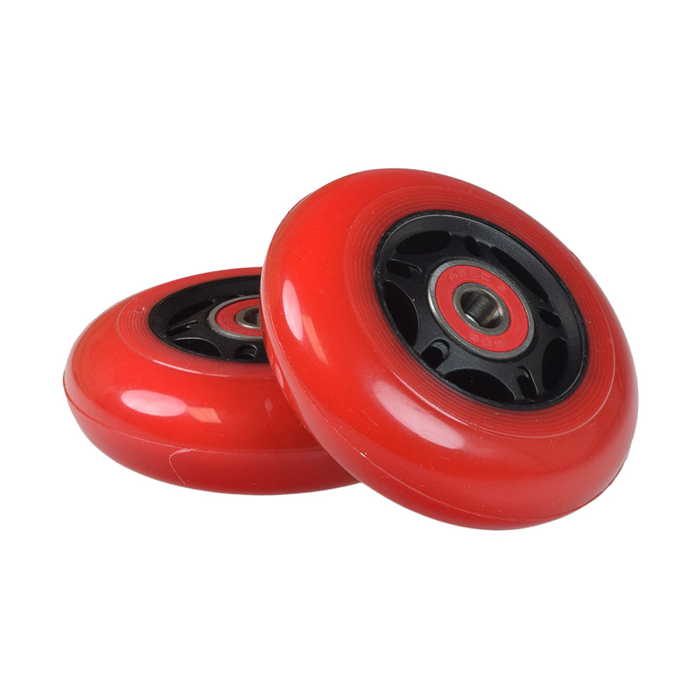 76 mm Scooter Wheels with Bearings (Set of 2), featuring a close-up of the red wheels with bearings, suitable for various kick scooters and Razor products. Includes spacers and additional bearings.