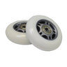 76 mm Scooter Wheels with Bearings (Set of 2) showing two white wheels with visible bearings, suitable for various kick scooters and Razor RipStik models. Components include two wheel spacers and four bearings.