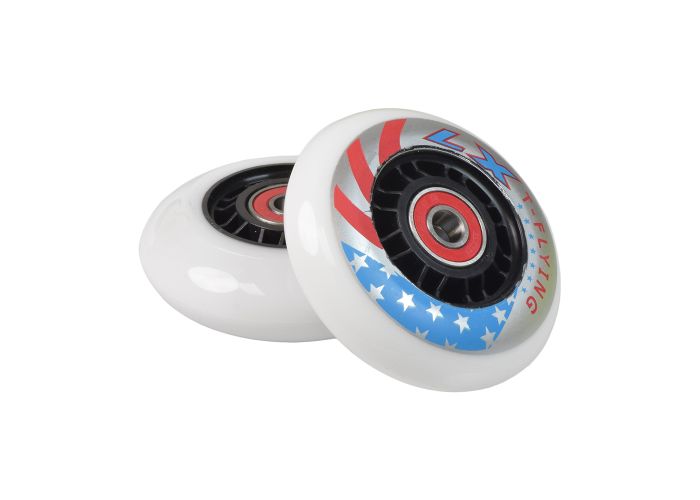 Stars & Stripes 76 mm Caster Wheel with Bearings (Set of Two) featuring white wheels with red and blue design, includes wheel spacers and bearings, suitable for kick scooters.