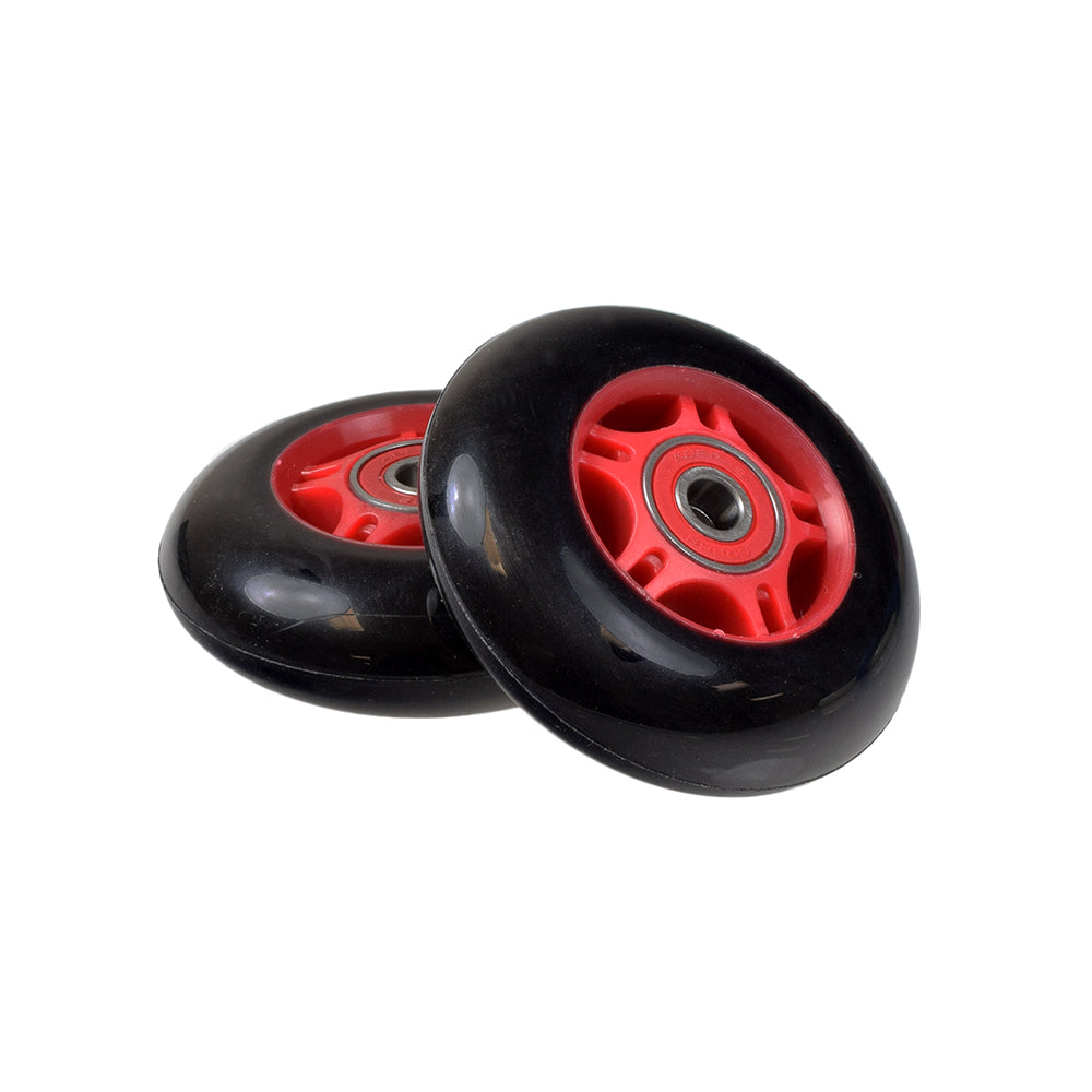 76 mm Scooter Wheels with Bearings (Set of 2), shown with black synthetic rubber and red rims, suitable for Razor Ripstik and Micro scooters, featuring close-up views of the wheels and included spacers and bearings.