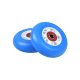 76 mm Scooter Wheels with Bearings (Set of 2) featuring two blue wheels with white centers, including spacers and bearings, compatible with various scooters and drift carts.