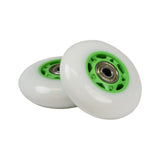 76 mm Scooter Wheels with Bearings (Set of 2), showcasing two white and green wheels with bearings, designed for various kick scooters, Razor RipStik models, and Micro scooters.