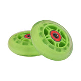 76 mm Scooter Wheels with Bearings (Set of 2), featuring two green wheels with red centers, includes two spacers and four bearings. Suitable for various scooters and carts, ensuring versatile compatibility and smooth rides.